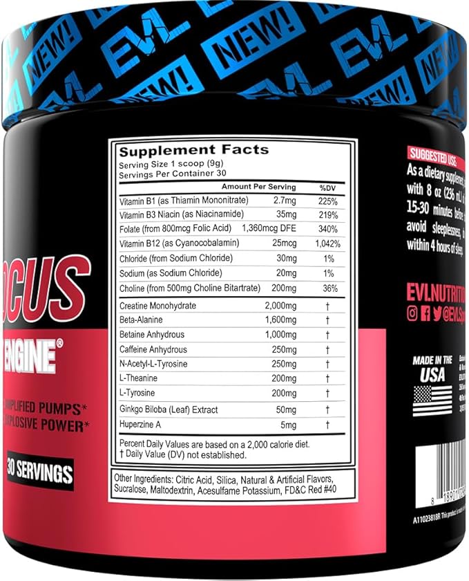 Evlution Nutrition ENGN Focus - Intense Pre-Workout with Creatine - Maximum Focus Formula - Pre-Workout Powder for Lasting Energy - with Beta-Alanine & Caffeine - 30 Servings - Watermelon