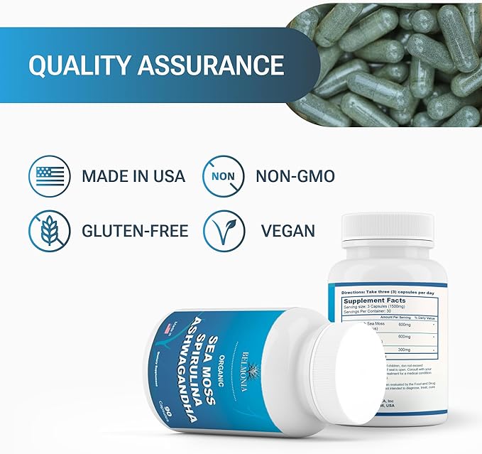 Sea Moss with Spirulina and Ashwagandha Blend Capsules, Mood, Immune Support & Stress Relief, Micro Ingredients & Antioxidants Source β Non-GMO, Vegan Superfood Supplement, 90 Count