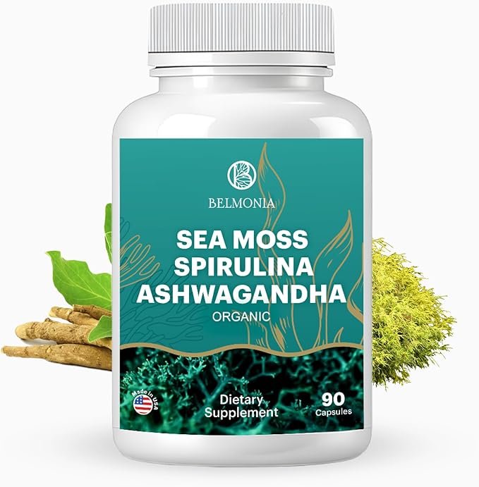 Sea Moss with Spirulina and Ashwagandha Blend Capsules, Mood, Immune Support & Stress Relief, Micro Ingredients & Antioxidants Source β Non-GMO, Vegan Superfood Supplement, 90 Count