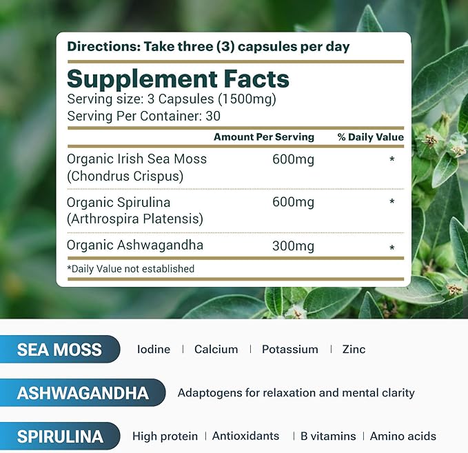 Sea Moss with Spirulina and Ashwagandha Blend Capsules, Mood, Immune Support & Stress Relief, Micro Ingredients & Antioxidants Source β Non-GMO, Vegan Superfood Supplement, 90 Count