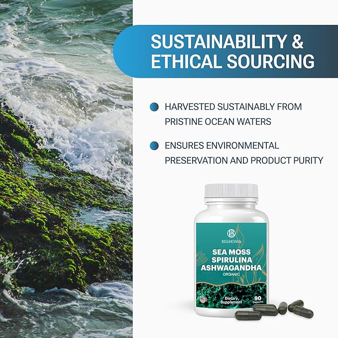 Sea Moss with Spirulina and Ashwagandha Blend Capsules, Mood, Immune Support & Stress Relief, Micro Ingredients & Antioxidants Source β Non-GMO, Vegan Superfood Supplement, 90 Count
