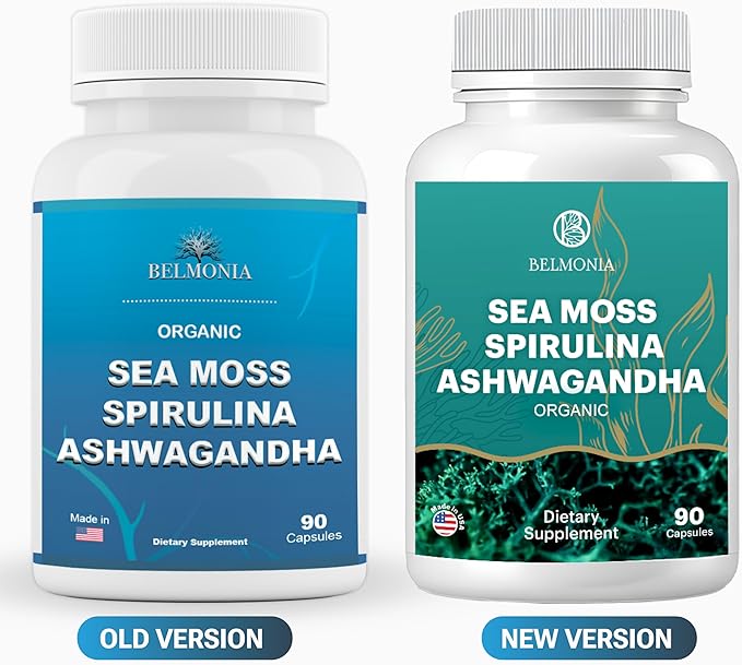 Sea Moss with Spirulina and Ashwagandha Blend Capsules, Mood, Immune Support & Stress Relief, Micro Ingredients & Antioxidants Source β Non-GMO, Vegan Superfood Supplement, 90 Count