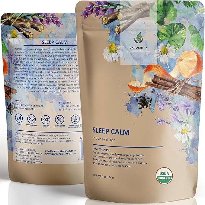 Gardenika Organic Sleep Loose Leaf Tea with Chamomile and Lavender Flowers, Herbal, Caffeine Free, KSA Kosher, Ayurvedic Blend - 4 oz (1 Pack)