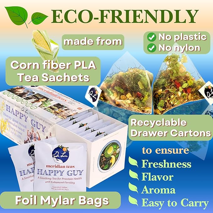 Dr. Lu’s Happy Tea for Guy | 100% Natural Energy Tea for Men | Supports Prostate, Vitality & Fertility | 11-Herb Blend with Maca, Corn Silk & Hibiscus in Corn Fiber Tea Bags Made in USA