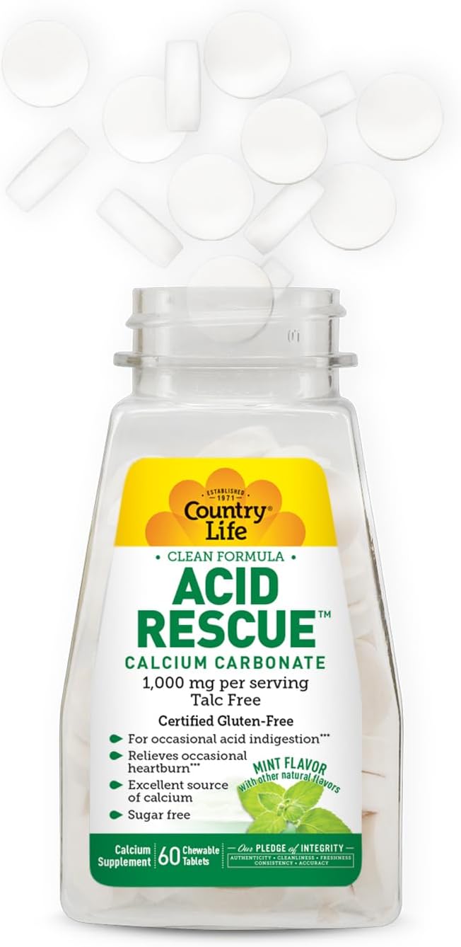 Country Life Acid Rescue Chewable Tablets - Certified Vegan & Gluten-Free Heartburn Relief, 400mg Calcium & Magnesium, Non-GMO, Sugar-Free Mint Flavor, Supports Bone Health, 60 Count