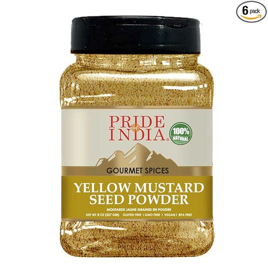Pride Of India - PACK of 6 - Yellow Mustard Ground – Gourmet Spice - Ideal for Pickles/Mustard Dressing/Sauces/Hotdogs – Preservatives & Additives Free – Easy to Store – 8oz. Medium Dual Sifter