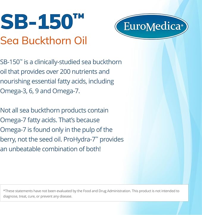 EuroMedica ProHydra-7 - Skin Health Support Supplement with Omega-7 Sea Buckthorn Oil - Nutritional Supplement - Essential Fatty Acid Supplement - 60 Softgels (2 Pack)
