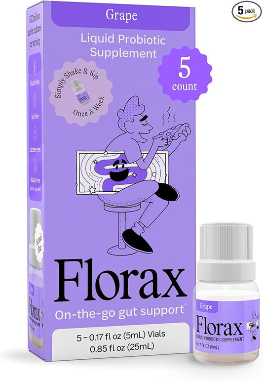 Florax - Liquid Probiotic - On-The-go Gut Support for Women, Men, and Children - Vegan, Gluten Free, Lactose Free, Soy Free and Preservative Free - Grape Flavor - 5 Vials