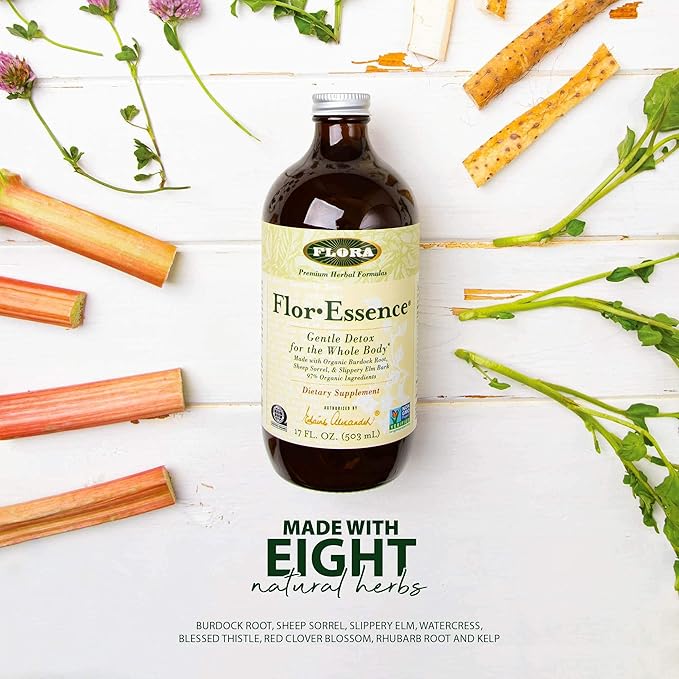 Flora Flor Essence Liquid Tea Blend 32oz LARGE - Gentle Detox Cleanse with Burdock Root, Slippery Elm, Kelp, Thistle - Premium Organic Ingredients
