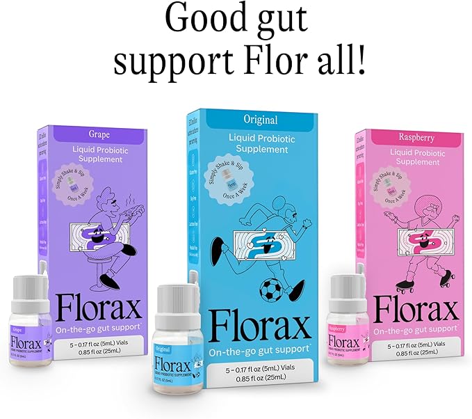 Florax - Liquid Probiotic - On-The-go Gut Support for Women, Men, and Children - Vegan, Gluten Free, Lactose Free, Soy Free and Preservative Free - Grape Flavor - 5 Vials