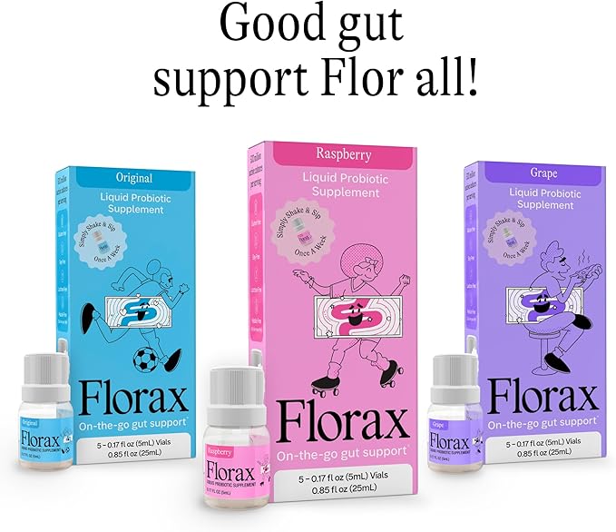 Florax - Liquid Probiotic - On-The-go Gut Support for Women, Men, and Children - Vegan, Gluten Free, Lactose Free, Soy Free and Preservative Free - Raspberry Flavor - 5 Vials