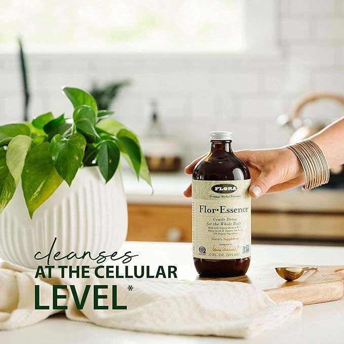 Flora Flor Essence Liquid Tea Blend 32oz LARGE - Gentle Detox Cleanse with Burdock Root, Slippery Elm, Kelp, Thistle - Premium Organic Ingredients