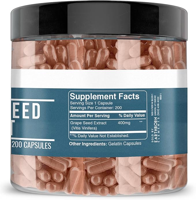 Earthborn Elements Pure Grape Seed Extract 200 Capsules, Pure & Undiluted, No Additives