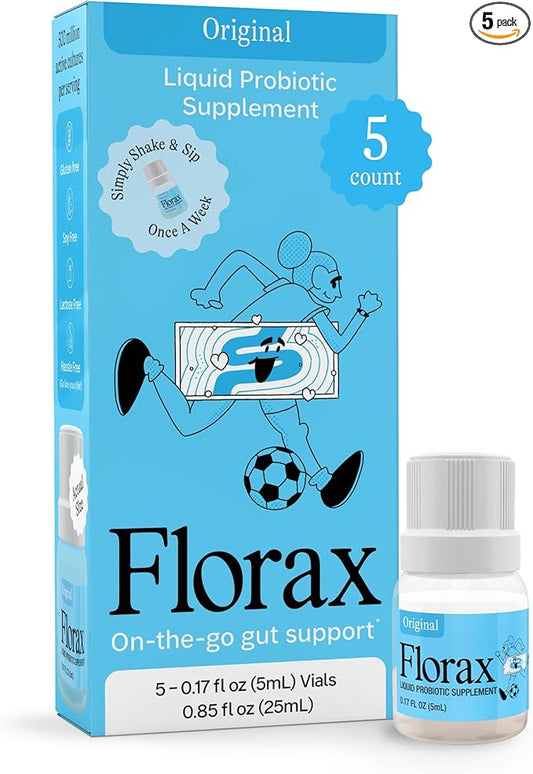 Florax - Liquid Probiotic - On-The-go Gut Support for Women, Men, and Children - Vegan, Gluten Free, Lactose Free, Soy Free and Preservative Free - Grape Flavor - 5 Vials