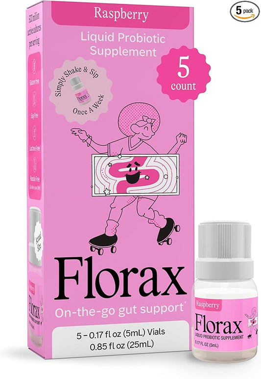 Florax - Liquid Probiotic - On-The-go Gut Support for Women, Men, and Children - Vegan, Gluten Free, Lactose Free, Soy Free and Preservative Free - Raspberry Flavor - 5 Vials