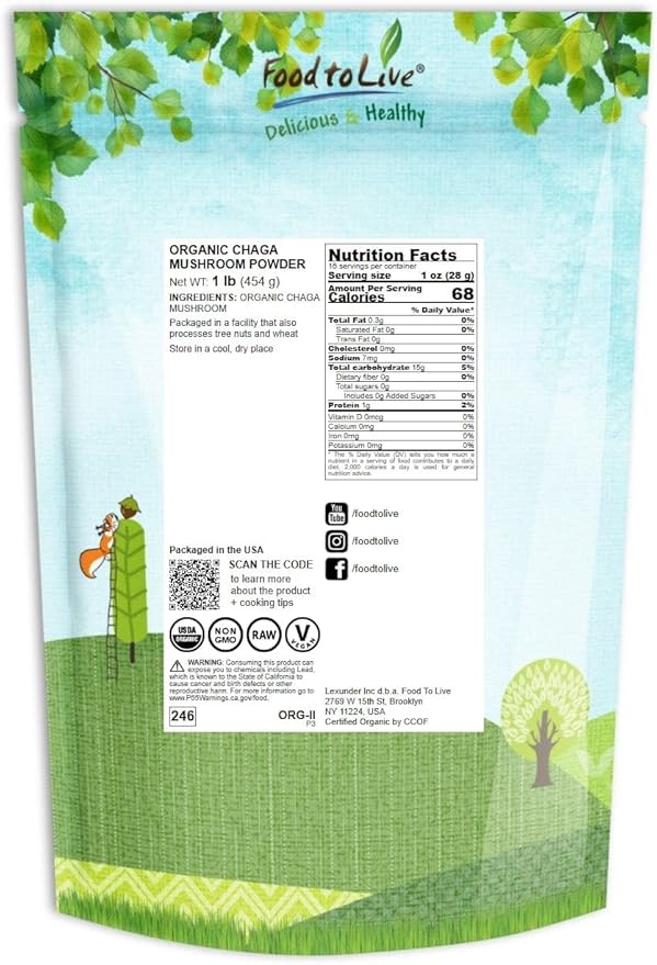 Food to Live Organic Chaga Mushroom Powder, 1 Pound – All Natural Vegan Superfood for Immunity and Holistic Wellness. Rich in Antioxidants and Nutrient-Packed. Non-GMO. 100% Pure. Kosher