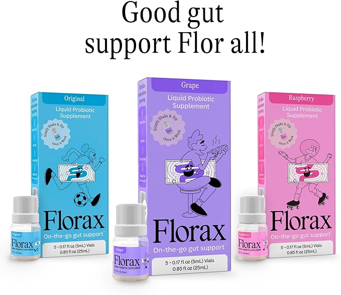 Florax - Liquid Probiotic - On-The-go Gut Support for Women, Men, and Children - Vegan, Gluten Free, Lactose Free, Soy Free and Preservative Free - Grape Flavor - 5 Vials