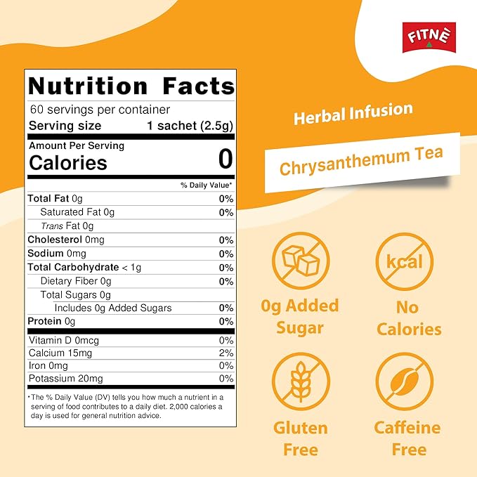 FITNE Chrysanthemum Herbal Tea Senna Infusion Smooth Mild Soothing Beverage Natural Gentle Detox Cleanse No Calories Caffeine Free, 60 Tea Bags