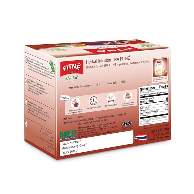 FITNE Original Herbal Tea Senna Infusion Healthy Wellness Beverage Natural Gentle Detox Cleanse No Calories Caffeine Free, 20 Tea Bags