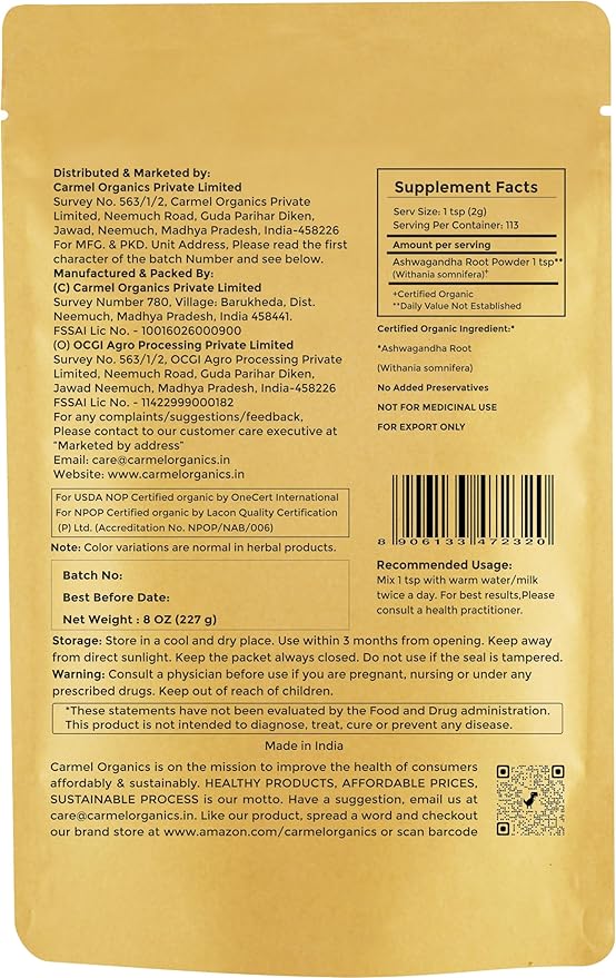CARMEL ORGANICS Organic Ashwagandha Root Powder (8 Oz or 227g/0.5 Lbs) USDA Certified. Lab Tested, Non GMO & Gluten Free | Withania Somnifera from India