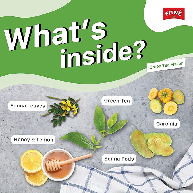 FITNE Green Tea Herbal Honey Lemon With Garcinia Senna Infusion Gentle Detox Cleanse High Antioxidant No Calories Stevia Sweetener, 60 Tea Bags